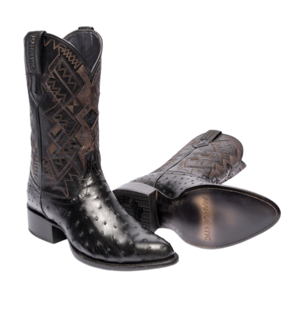 A pair of black ostrich skin boots with visible texture and quill bumps, classic toe shape, and a heel.