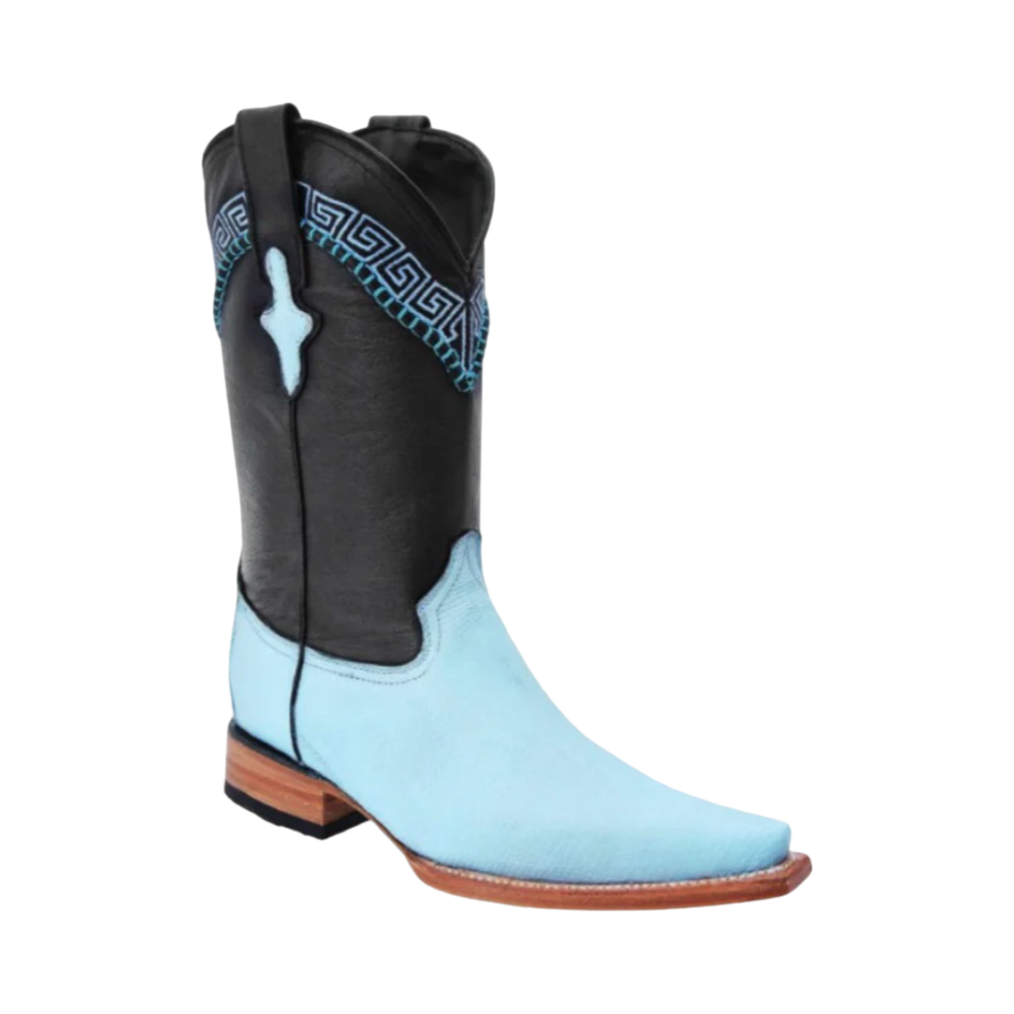 A pair of Botas Originales Armadillo boots featuring a blue and black color scheme with distinctive scale pattern on the upper part.