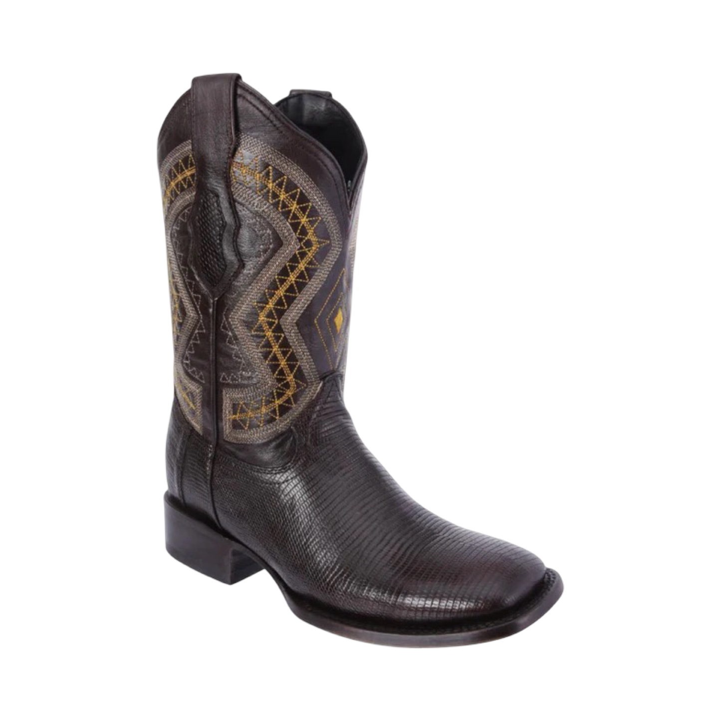 A brown lizard skin boot with a unique pattern and shine, showcasing the texture and scales of the skin.