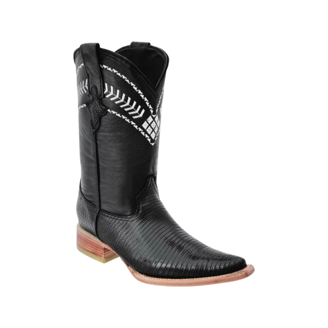 A black crocodile skin boot with a pointed toe and distinctive scale pattern, set against a white background.