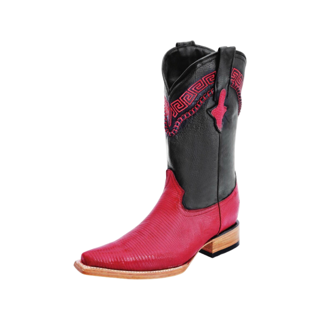 A red and black western boot with lizard skin texture and artisanal embroidery at the top.
