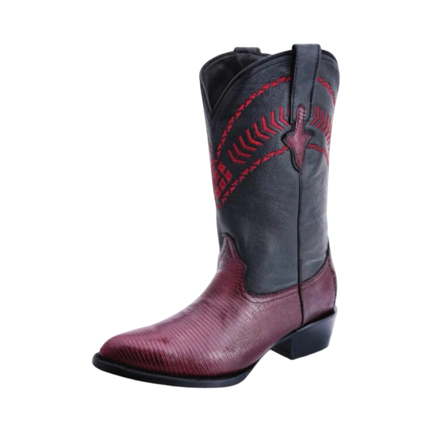A stylish men's boot featuring a lizard skin texture with a predominantly red color and black details, including a distinctive red star on the top.