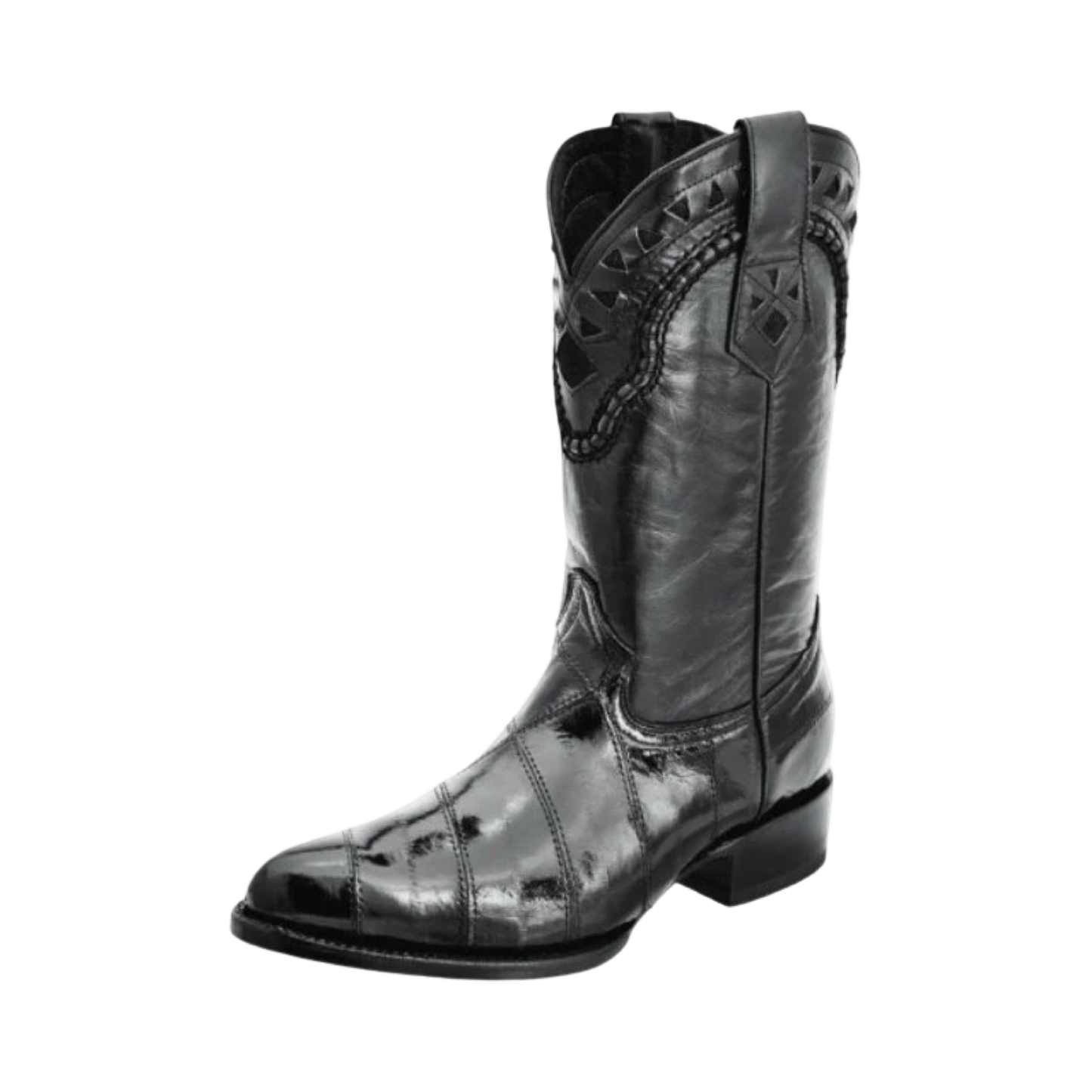 A black boot made of genuine eel skin featuring a pointed toe and decorative stitching.