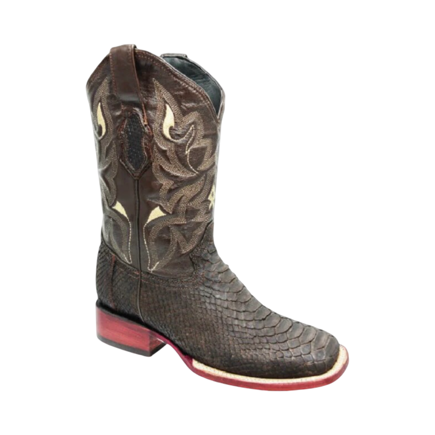 Botas de pitón café oscuro para hombre con horma Rodeo estilo western.