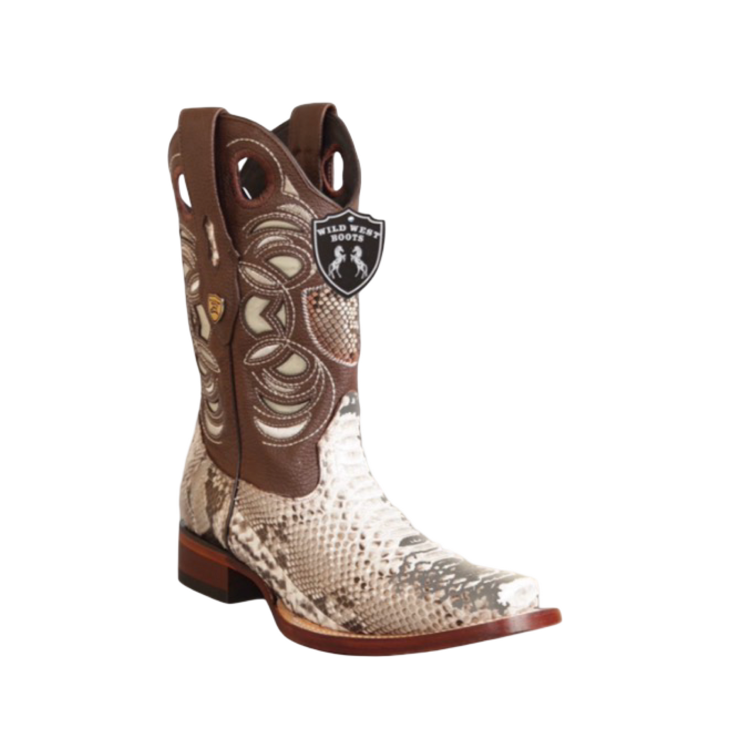 Cowboy boot with snake print and brown leather accents on a white background