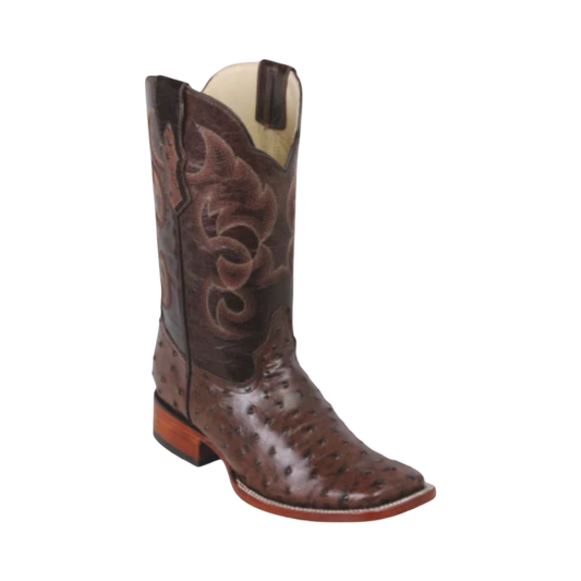 A brown synthetic Quincy boot with a ostrich pattern and square toe style.