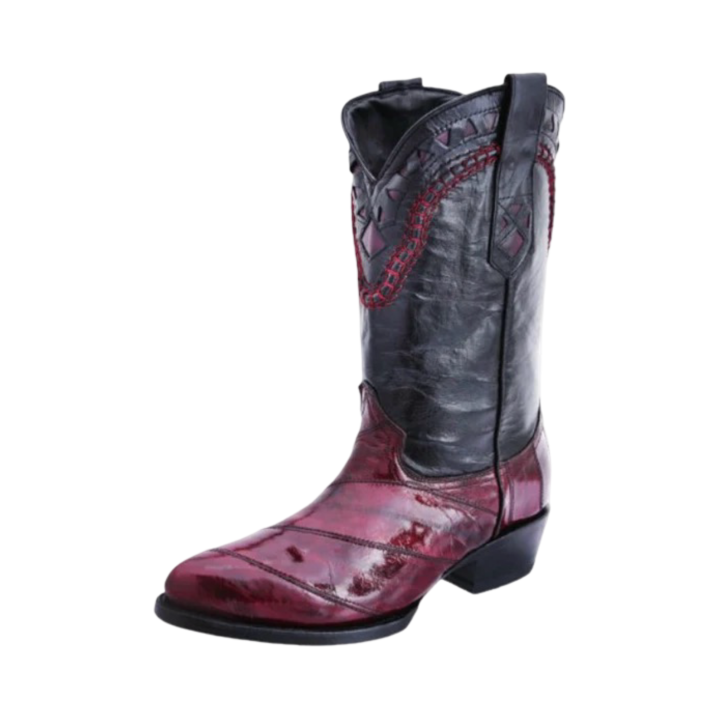 A single black and red eel skin boot with a pointed toe and high heel.