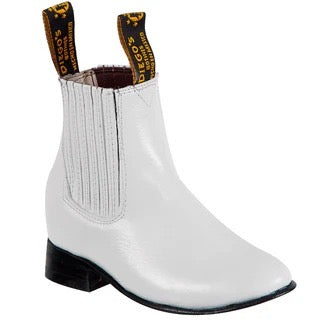 White ankle boot with brown leather trim on a white background