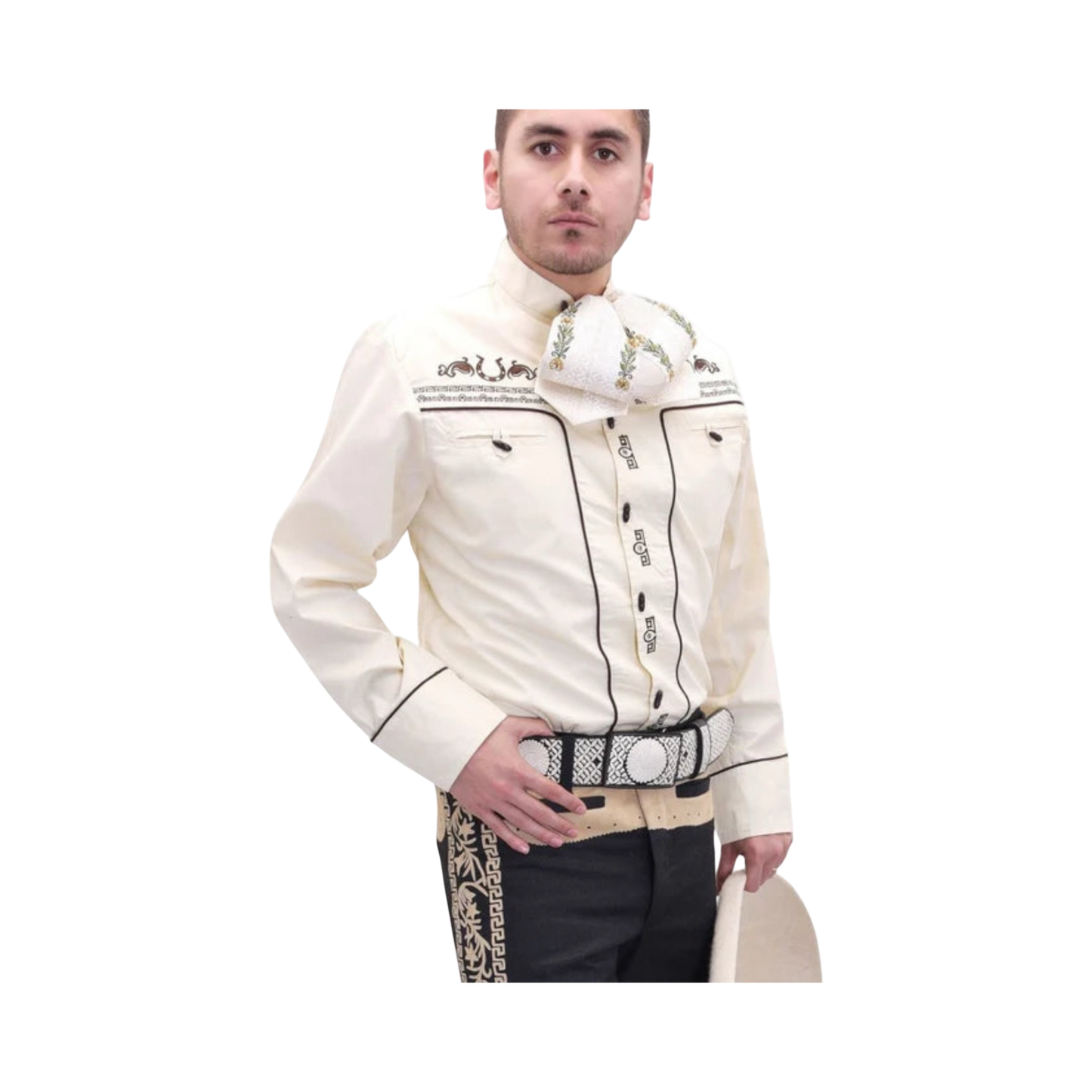 Camisa charra para niño en color beige con bordado café, prenda típica mexicana ideal para rodeos y fiestas.