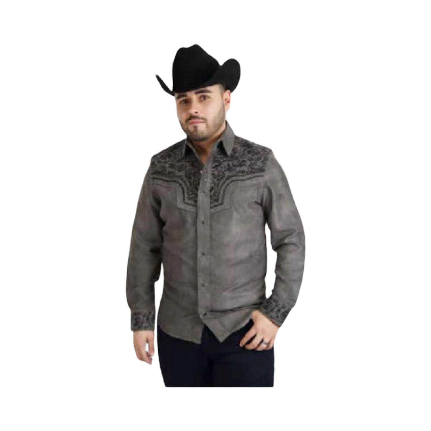 Camisa vaquera gris tipo gamuza con bordado negro western