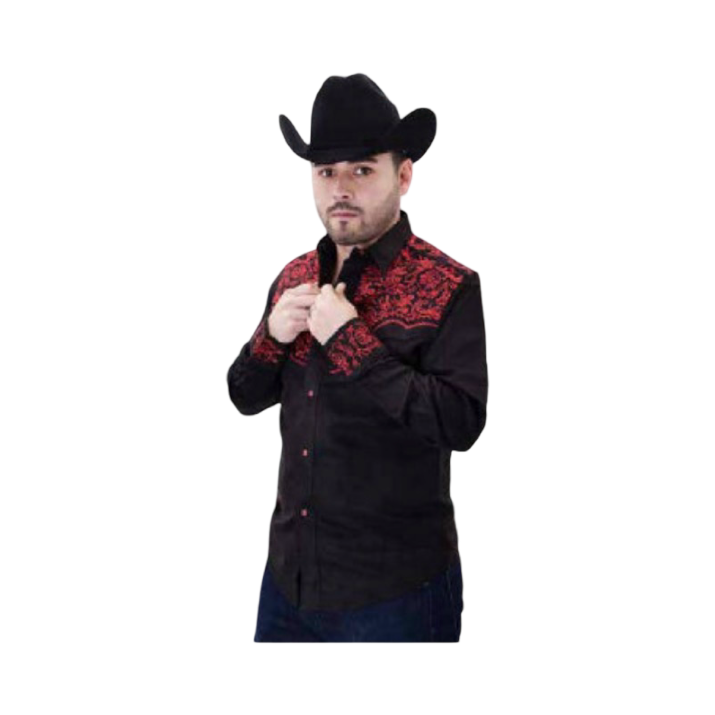 Camisa vaquera negra gamuza con detalles bordados en rojo