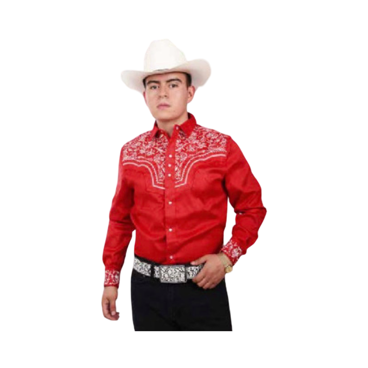 Camisa vaquera roja tipo gamuza con bordado blanco tradicional