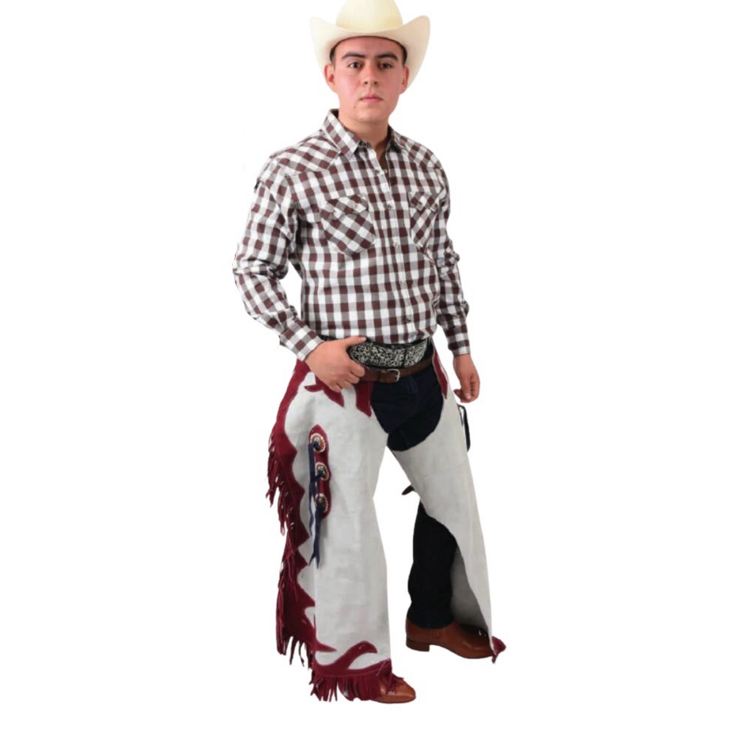 A man wearing a cowboy hat and a plaid shirt, adorned with a traditional leather cowboy chaps featuring fringes and decorative details.