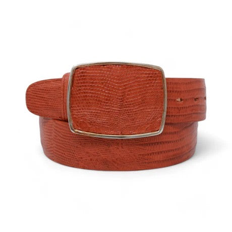 Brown leather belt with a square buckle on a white background