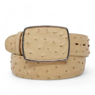 Beige ostrich-patterned belt with a square buckle on a white background