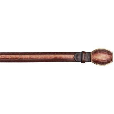 Brown leather belt with a decorative buckle on a white background