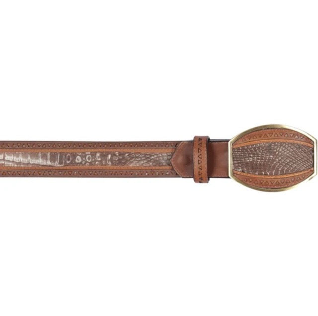 Brown leather belt with decorative buckle on a white background