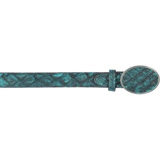 Teal patterned belt with a silver buckle on a white background