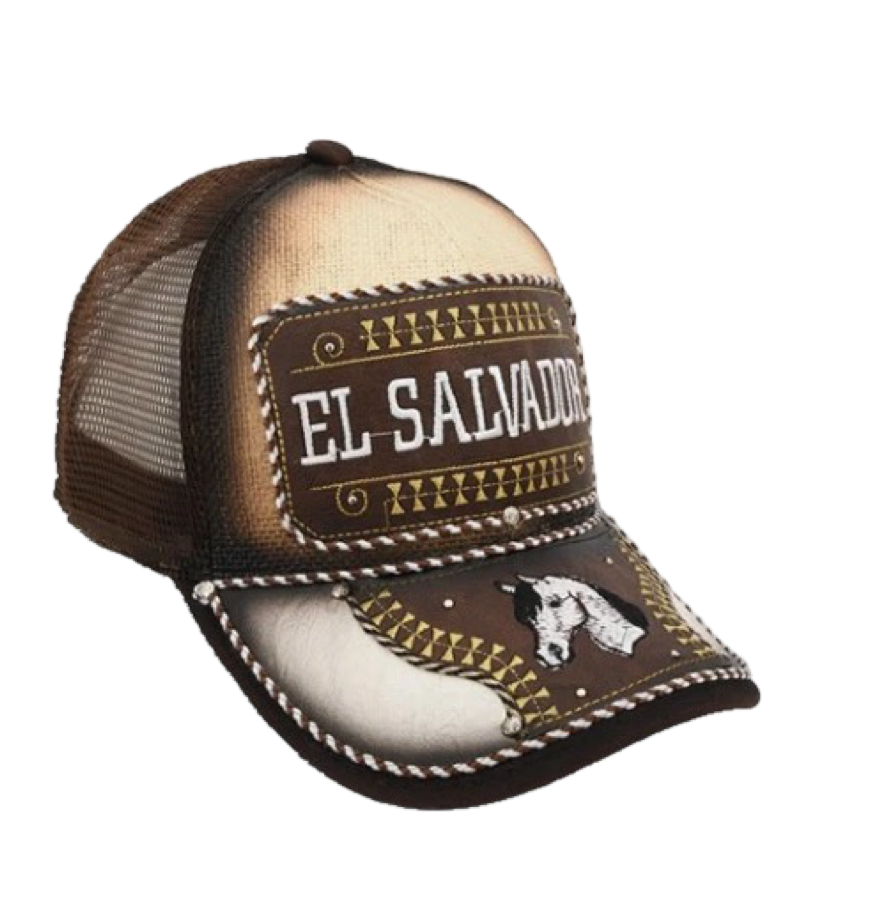 A beige and black trucker cap with 'EL SALVADOR' embroidered on the front and a small flag design