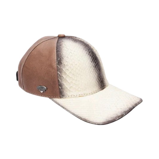 A beige and brown western cap made of python original leather, featuring a flat brim and a snaffle bit detail on the front.