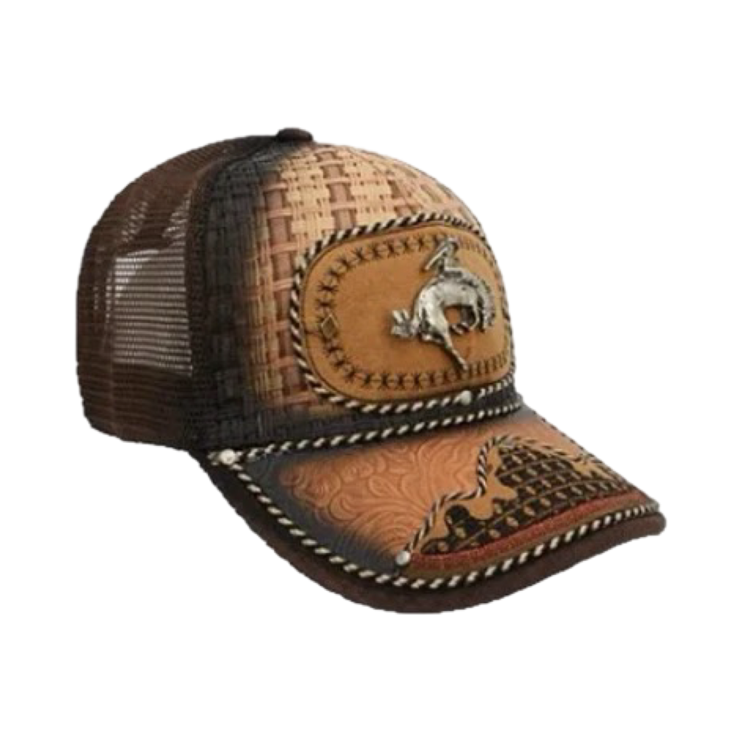 A brown and black trucker cap with western-style embroidery and a snapback closure.