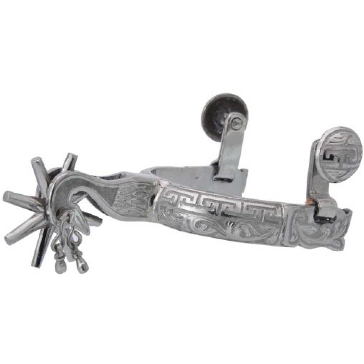 A traditional charro spur with a silver finish, featuring hand-engraved details and a rotating rowel.