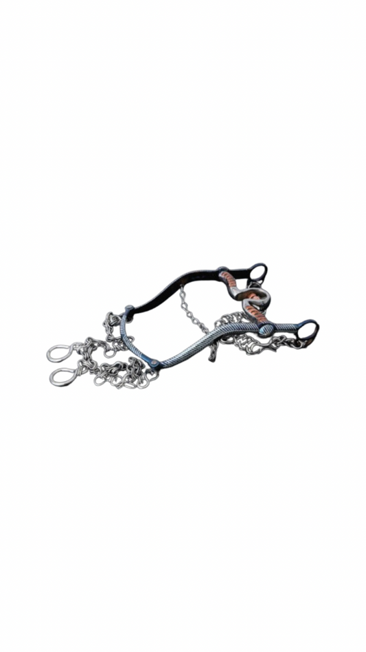 A set of horse brakes with a traditional design, featuring nickel-plated iron with decorative engravings.