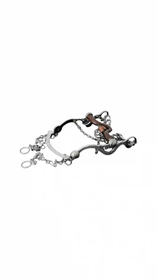 A traditional Mexican charro-style horse bridle with silver detailing and a double bridle design.