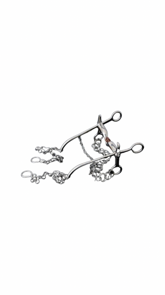 A traditional Mexican charro-style horse bit with silver detailing and decorations.