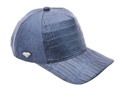 A blue western cap made of crocodile skin with a metal clasp on the brim.