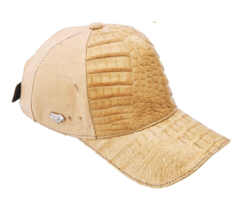 A beige western cap made of crocodile leather with a quilted design, featuring a snap closure at the back.