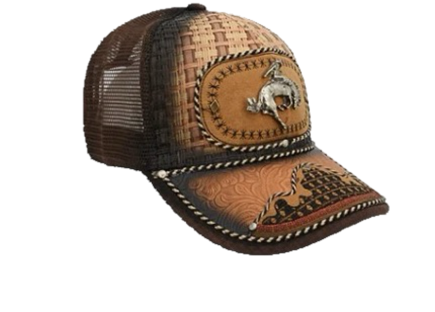 A brown and black trucker cap with western-style embroidery and a snapback closure.