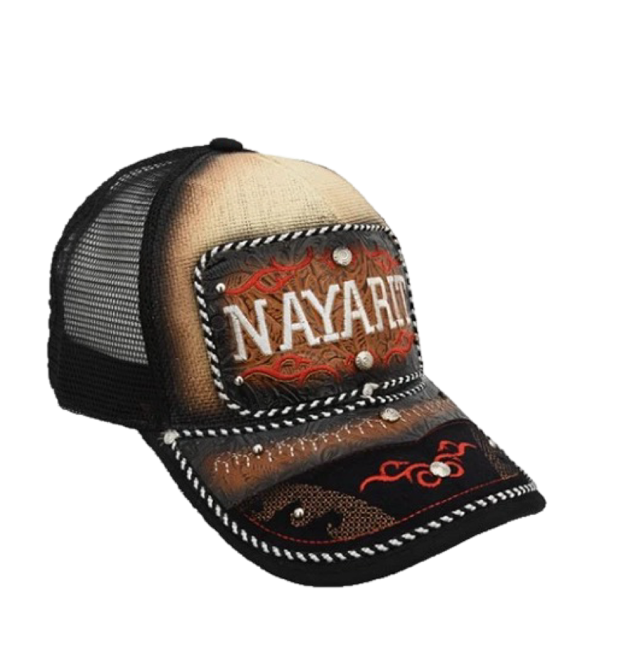A western style trucker cap with a curved visor, embroidered front panel, and a breathable mesh back. It features a snapback closure and is decorated with a floral and animal pattern design.