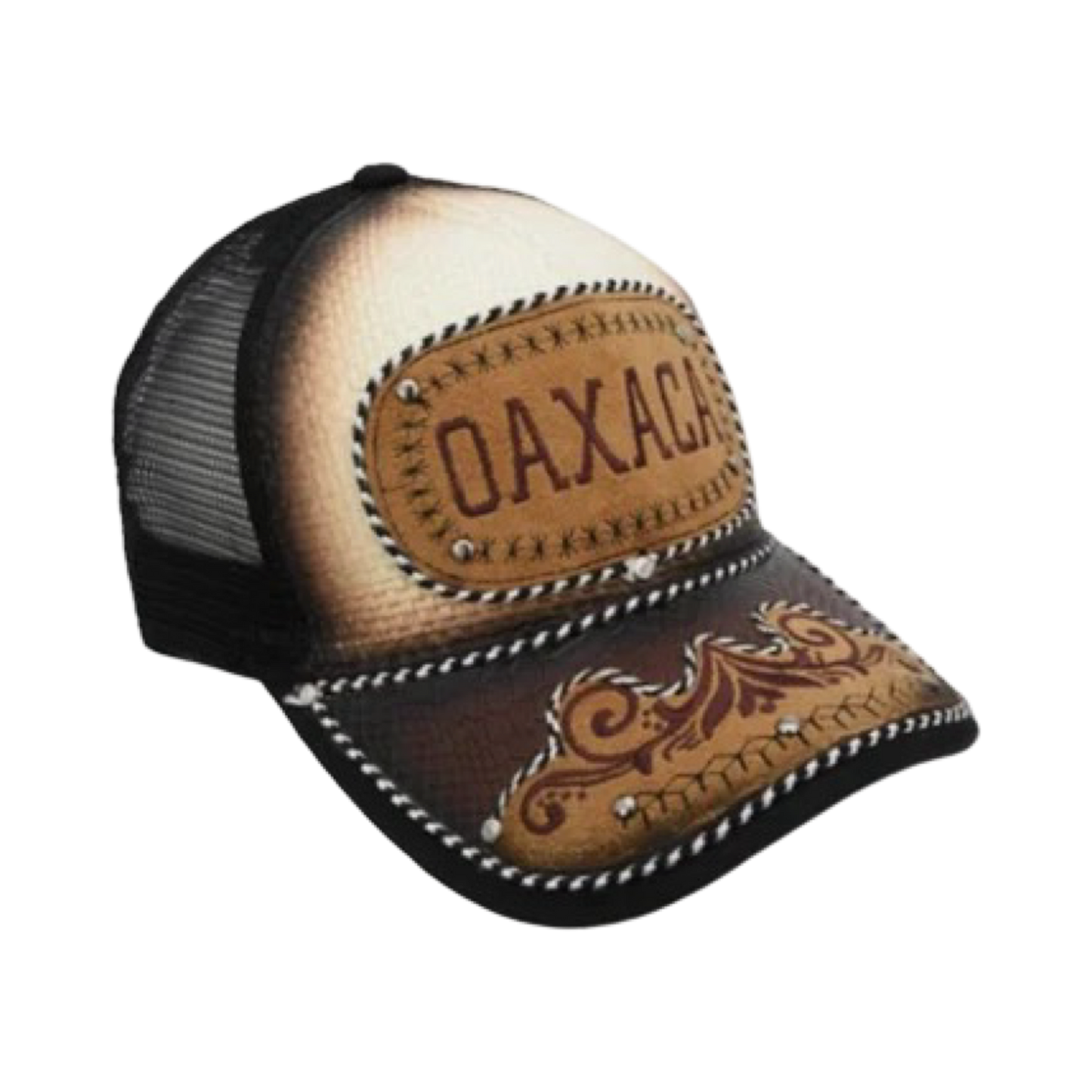 A brown and white trucker cap with 'OAXACA' embroidered on the front and a floral pattern around the base.