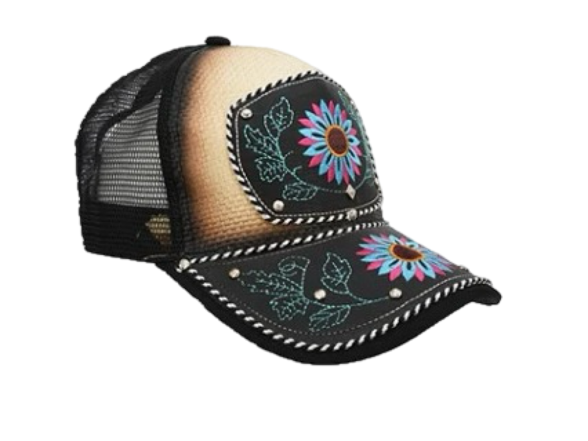 A black trucker cap with floral embroidery and a snapback closure.