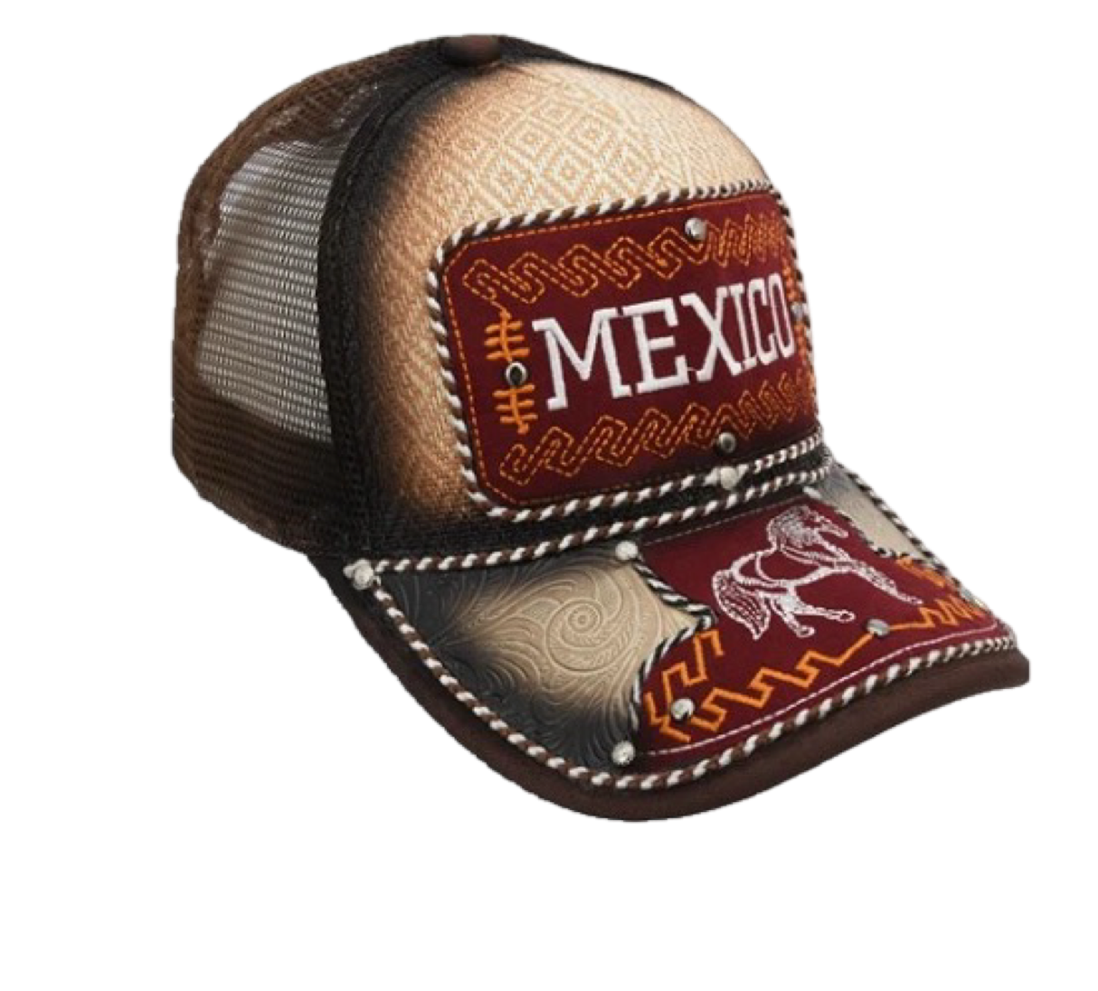 A beige and brown trucker cap with 'MEXICO' embroidery on the front panel, decorative patterns, and a snapback closure.