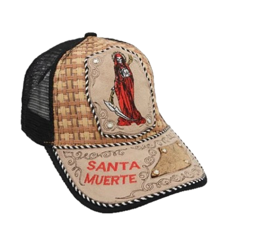 A trucker cap with a curved visor featuring a leather patch with Santa Muerte imagery, black mesh back, and 'SANTA MUERTE' text on the front.