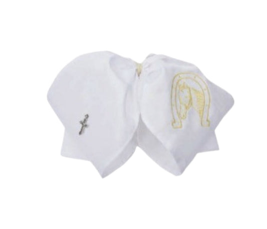 A traditional Mexican charro hat with white fabric and embroidery featuring a golden horse and cross details.