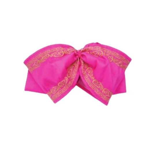 A traditional Mexican charro bow with white and gold colors featuring embroidery.