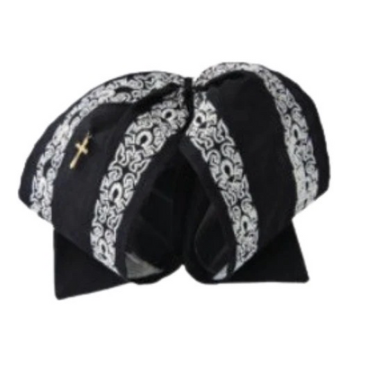 A traditional Mexican charro hat with a black satin base and white diamond pattern, featuring an adjustable velcro closure.