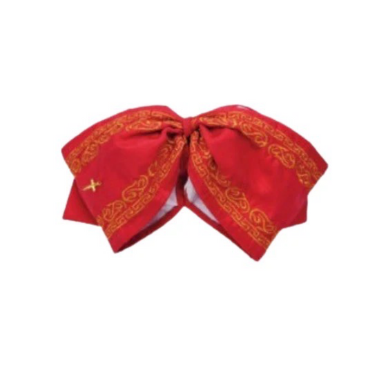 A traditional red charro bow tie with gold embroidery and a diamond shape