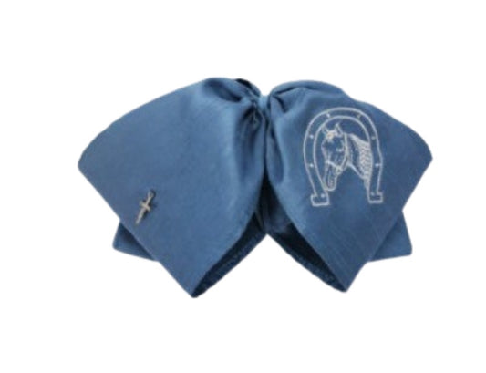 A traditional Mexican mariachi and charro style bow tie in blue and white, with an elastic band.