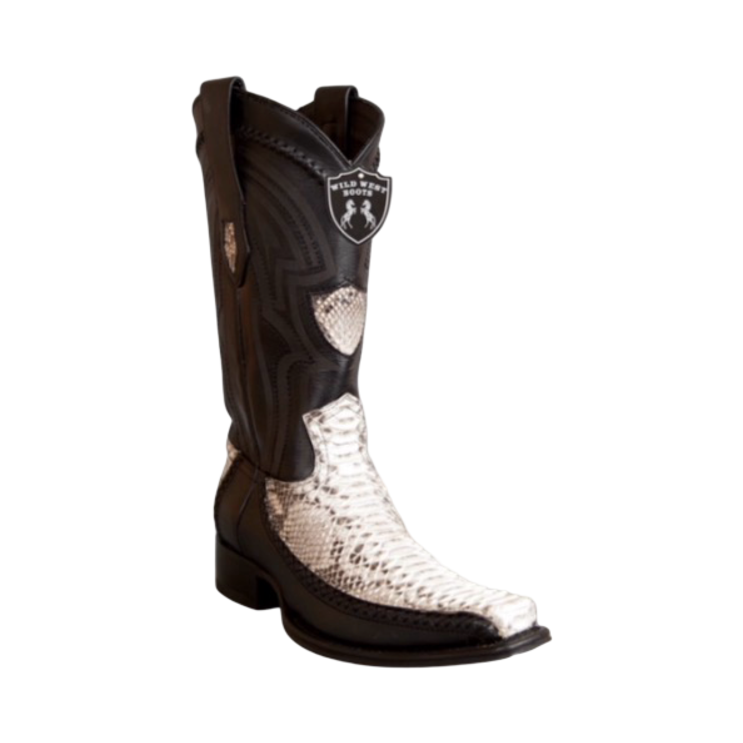 Black and white cowboy boot on a white background
