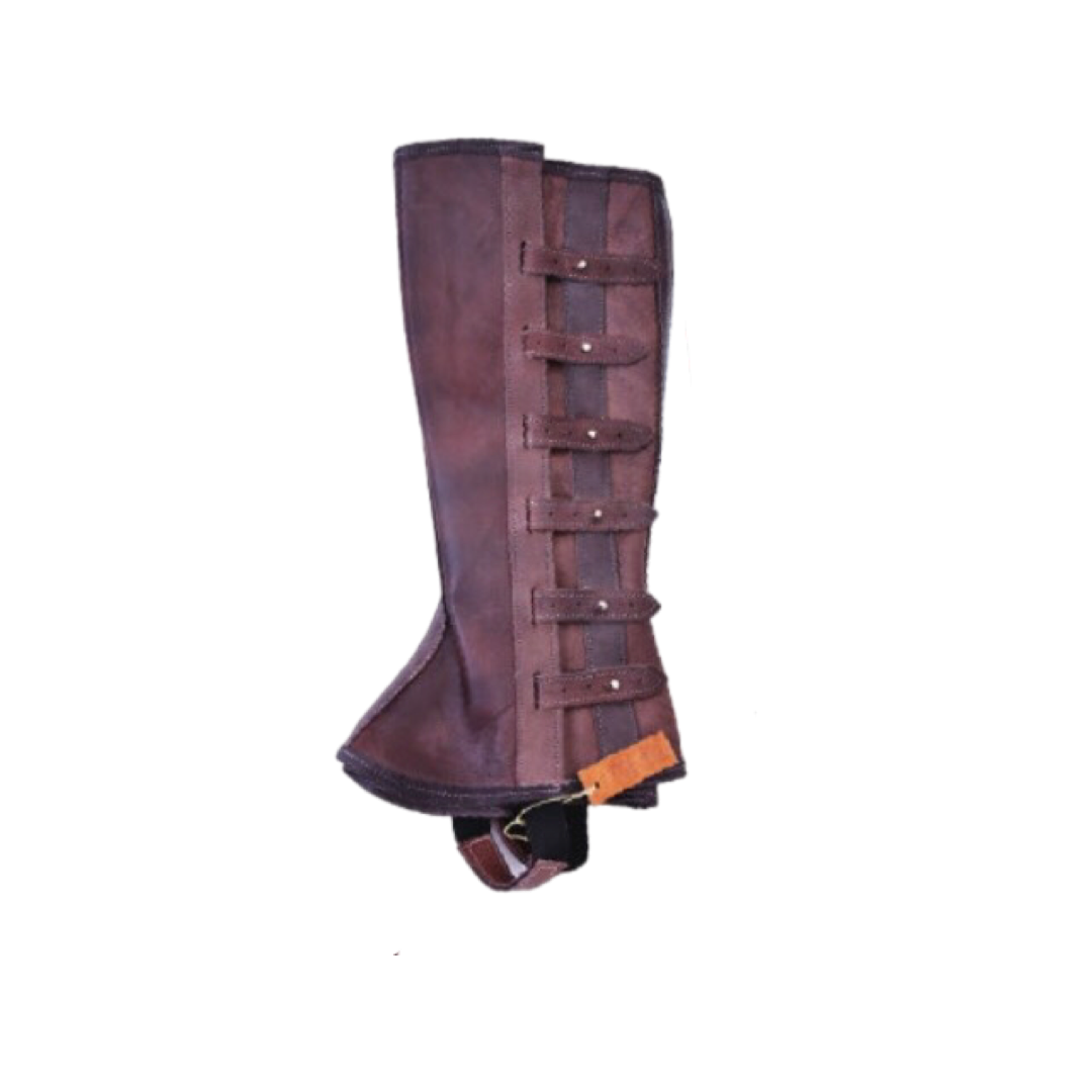 A brown leather gaiter with belt and buckle closures, designed for equestrian use.