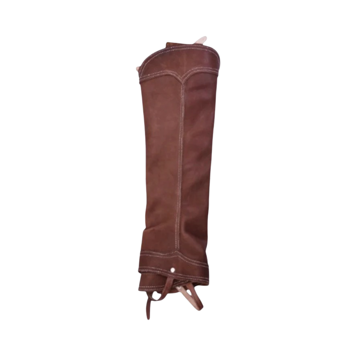 A brown leather gaiter with a solid pattern and decorative stitching.