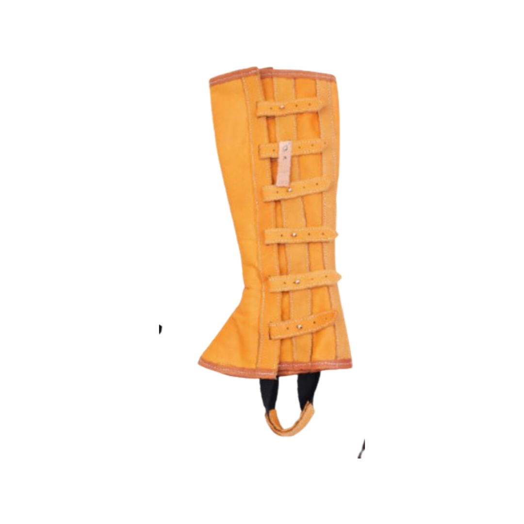 A brown leather gaiter with decorative stitching and metal buckles, designed for use with a horse riding boot.