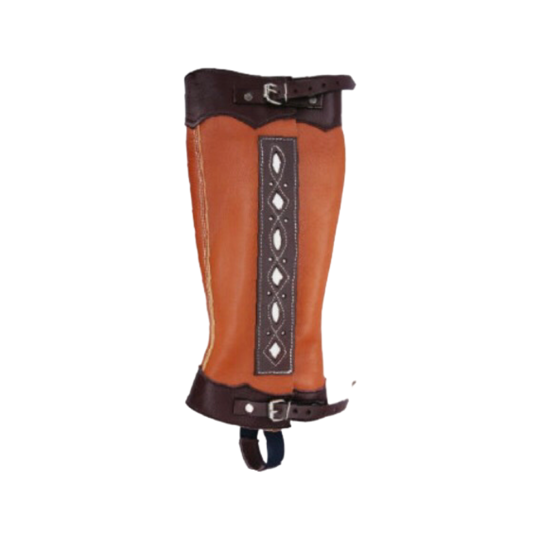 A brown and black leather gaiter with white diamond pattern and buckles.