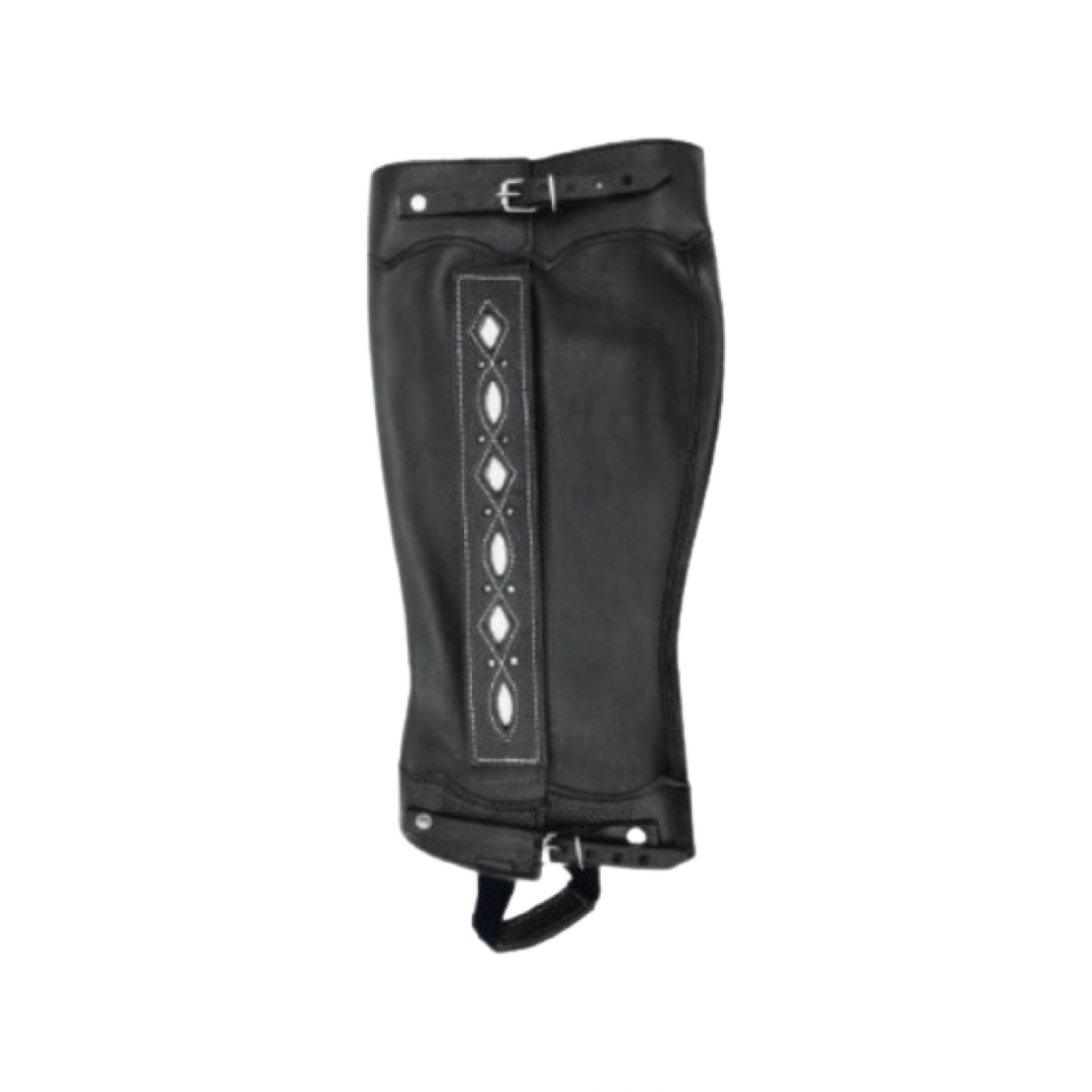 A black equestrian leg guard with white diamond pattern and decorative stitching.