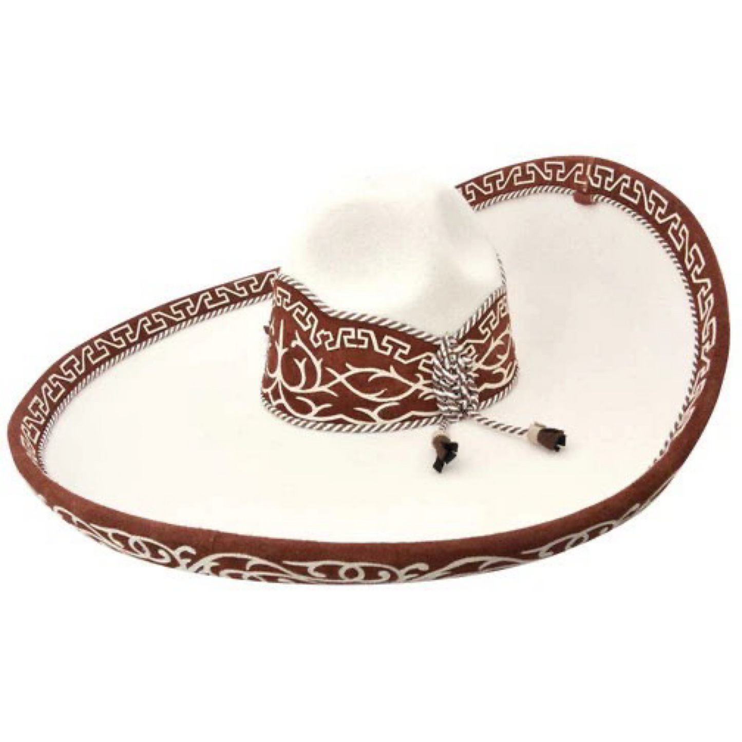 A traditional Mexican Sombrero Charro with a white diamond pattern, featuring a wide brim with embroidered details and a brown leather band.