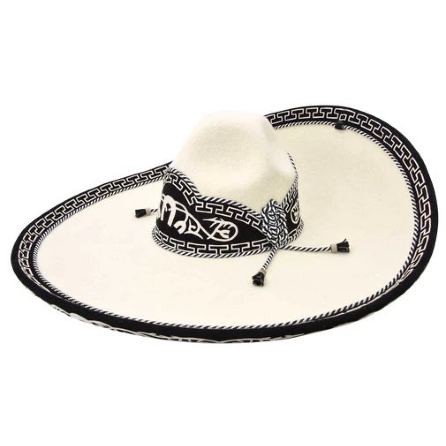 A traditional Mexican Sombrero Charro with a white brim and black diamond pattern, featuring a decorative band and a small rosette.
